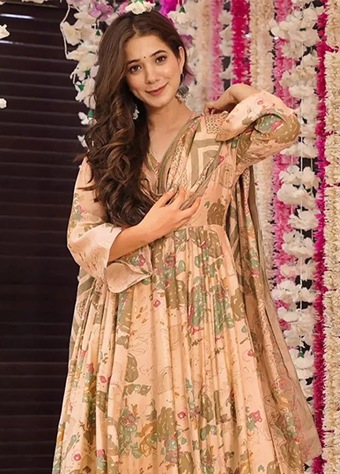 3 Pc Peach Readymade Silk Suit Set