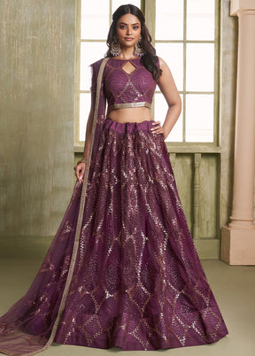 3 Pc Wine Net Semi Stitched Lehenga Set