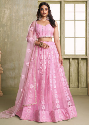 3 Pc Pink Net Semi Stitched Lehenga Set