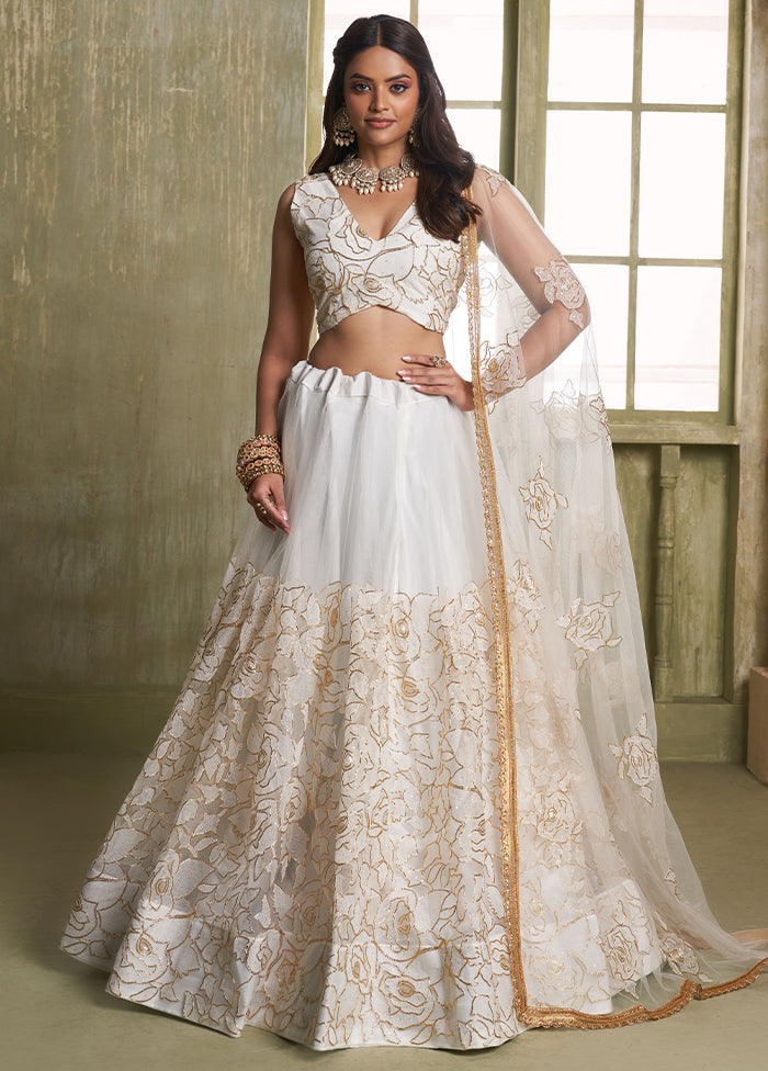 3 Pc Off White Net Semi Stitched Lehenga Set