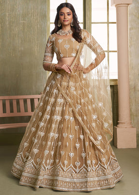 3 Pc Cream Net Semi Stitched Lehenga Set