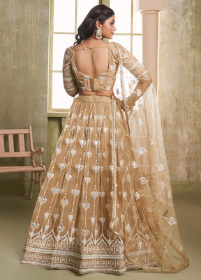 3 Pc Cream Net Semi Stitched Lehenga Set