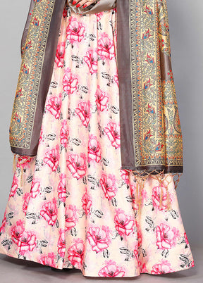3 Pc Cream Silk Semi Stitched Lehenga Set