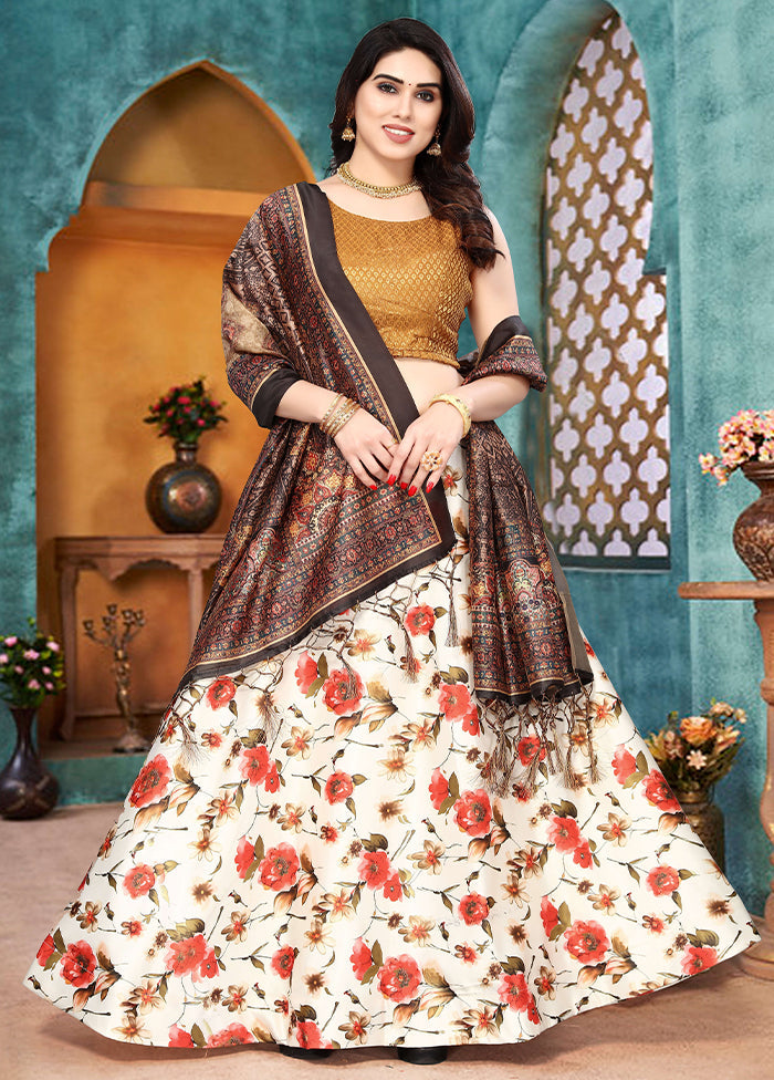 3 Pc Cream Silk Semi Stitched Lehenga Set