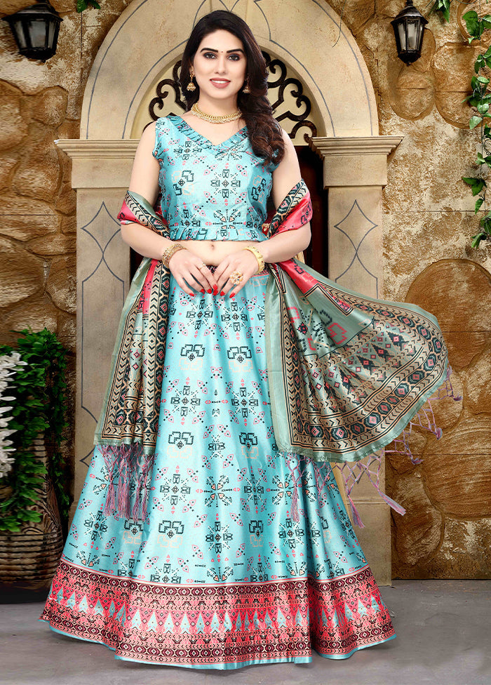 3 Pc Sky Blue Silk Semi Stitched Lehenga Set