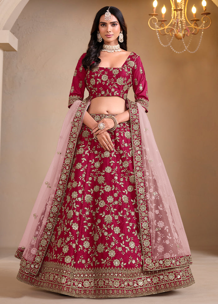 3 Pc Maroon Silk Semi Stitched Lehenga Set