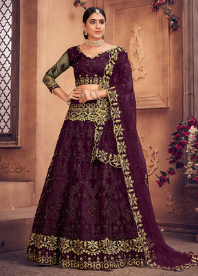 3 Pc Purple Net Semi Stitched Lehenga Set