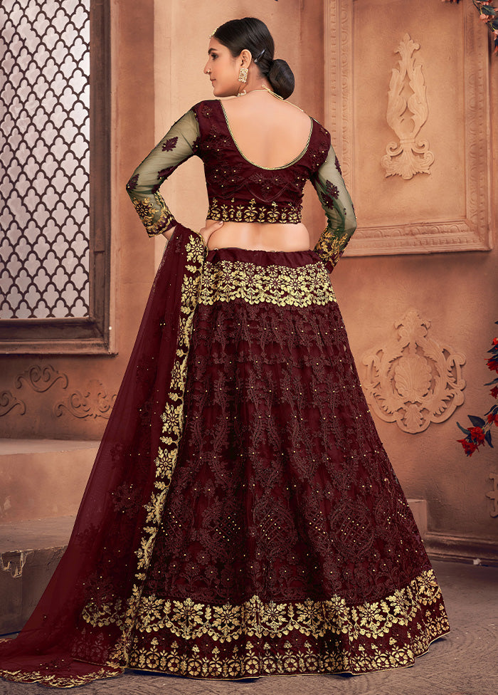 3 Pc Maroon Net Semi Stitched Lehenga Set