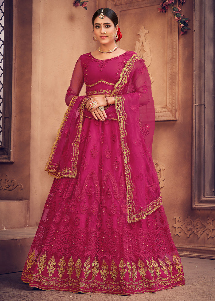 3 Pc Pink Net Semi Stitched Lehenga Set