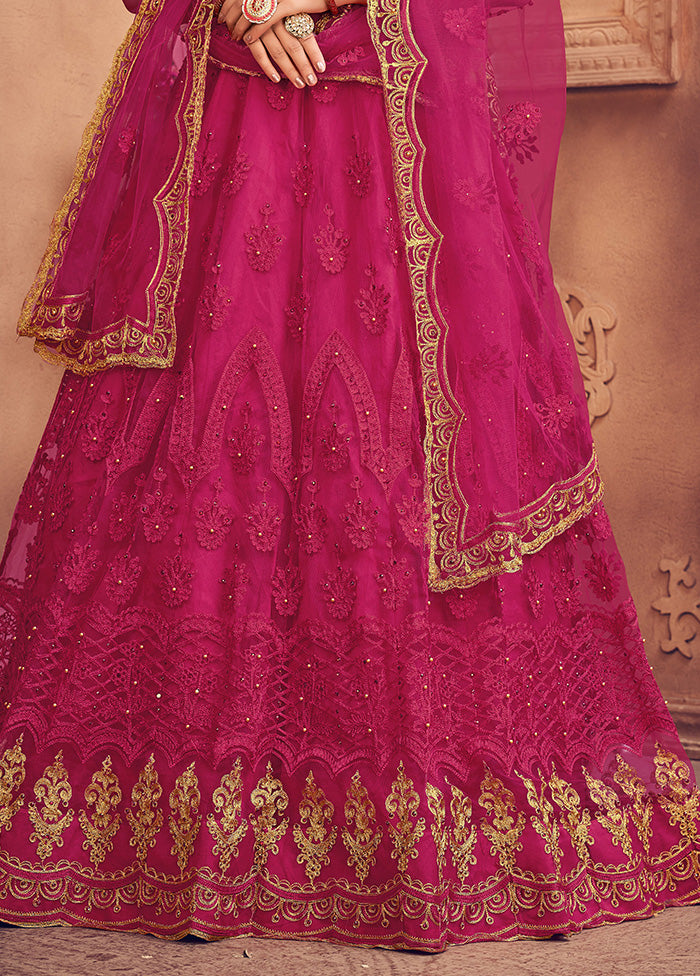 3 Pc Pink Net Semi Stitched Lehenga Set