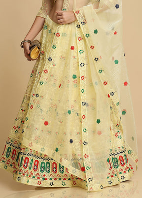 3 Pc Yellow Net Semi Stitched Lehenga Set