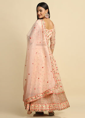 3 Pc Peach Net Semi Stitched Lehenga Set