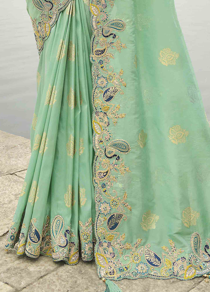 Sea Green Spun Silk Saree With Blouse Piece