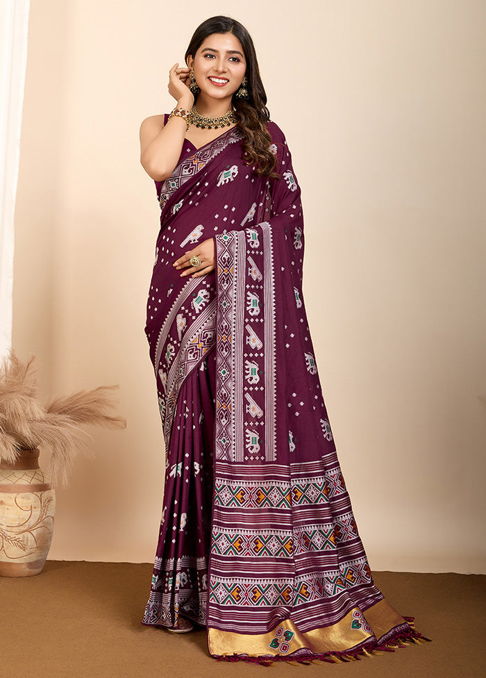 Wine Spun Silk Saree With Blouse Piece