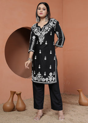 2 Pc Black Readymade Rayon Kurti Set