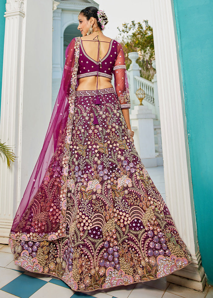 3 Pc Burgundy Net Semi Stitched Lehenga Set