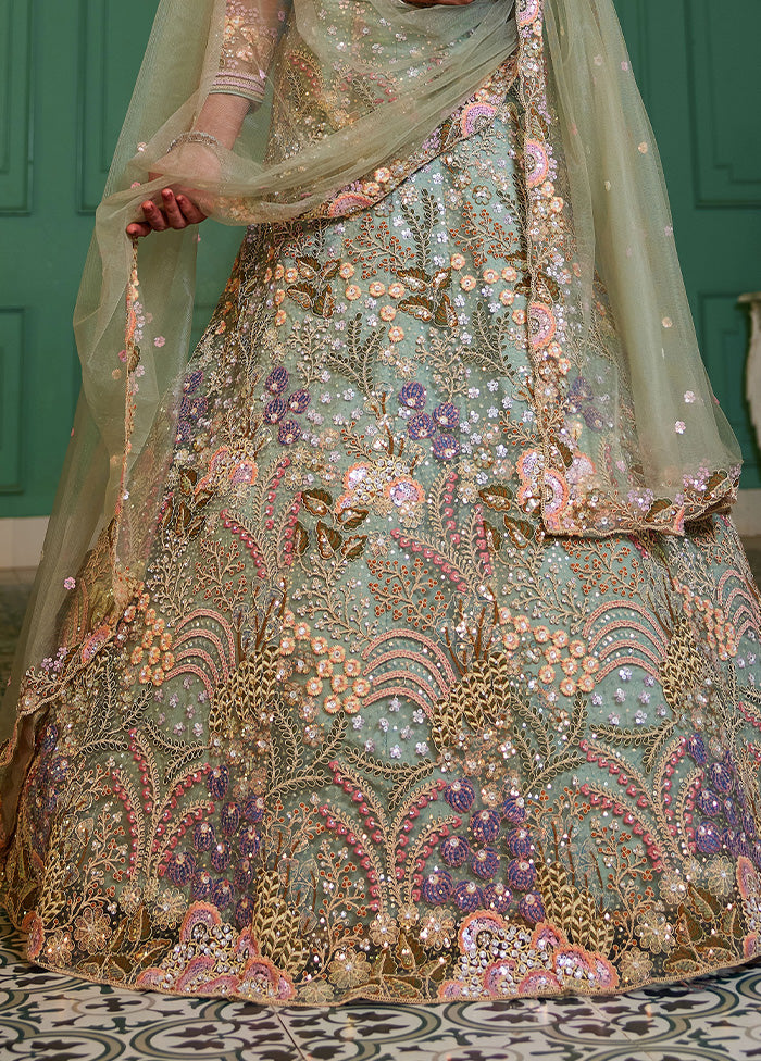 3 Pc Sea Green Net Semi Stitched Lehenga Set