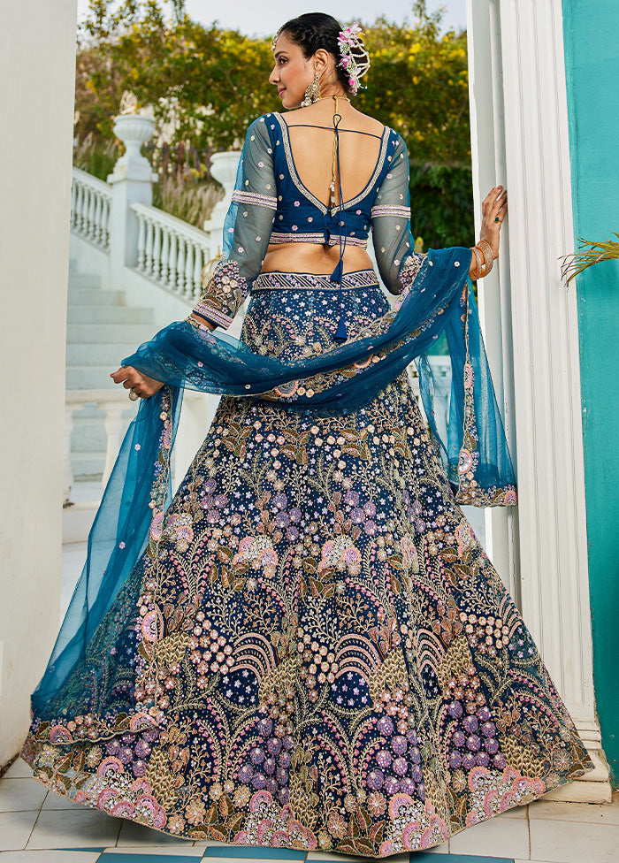 3 Pc Blue Net Semi Stitched Lehenga Set