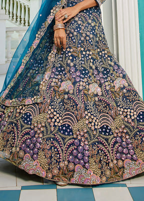 3 Pc Blue Net Semi Stitched Lehenga Set