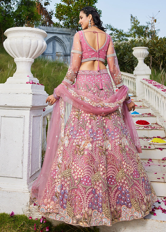 3 Pc Pink Net Semi Stitched Lehenga Set