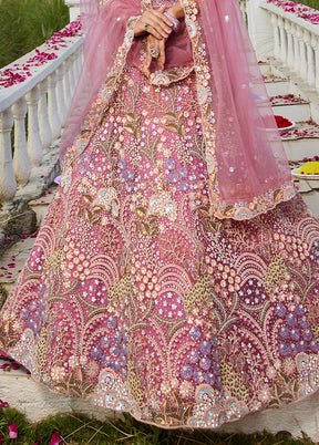 3 Pc Pink Net Semi Stitched Lehenga Set