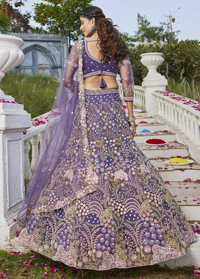 3 Pc Purple Net Semi Stitched Lehenga Set