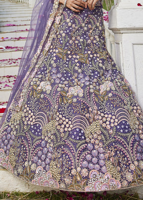 3 Pc Purple Net Semi Stitched Lehenga Set