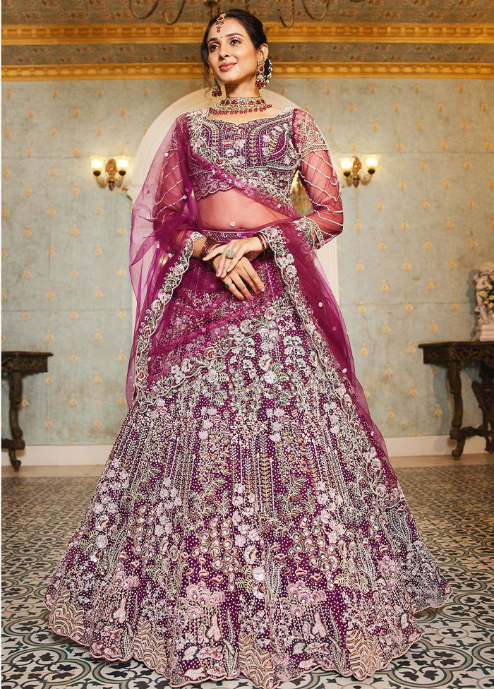 3 Pc Burgundy Net Semi Stitched Lehenga Set