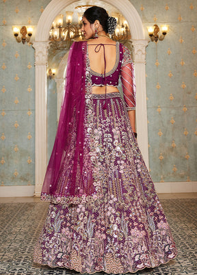 3 Pc Burgundy Net Semi Stitched Lehenga Set