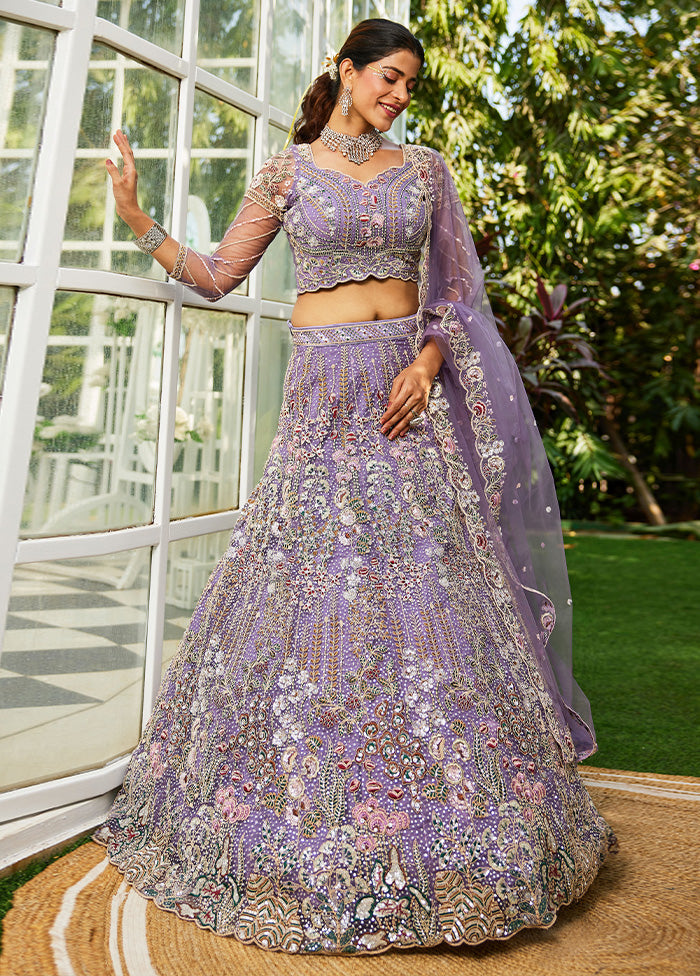 3 Pc Mauve Net Semi Stitched Lehenga Set