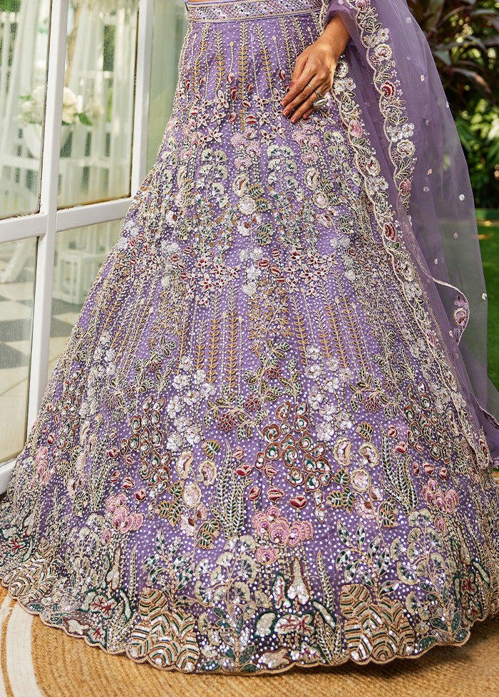 3 Pc Mauve Net Semi Stitched Lehenga Set