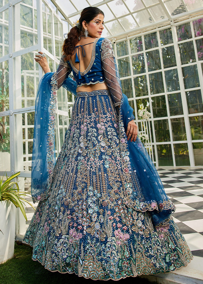 3 Pc Blue Net Semi Stitched Lehenga Set