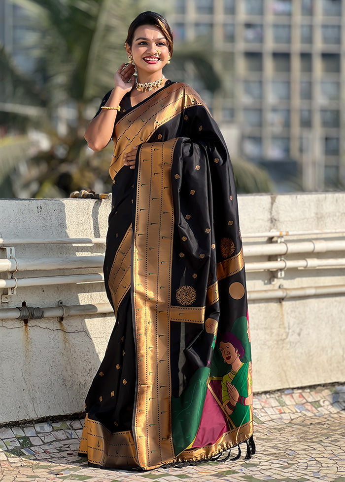 Black Spun Silk Saree With Blouse Piece