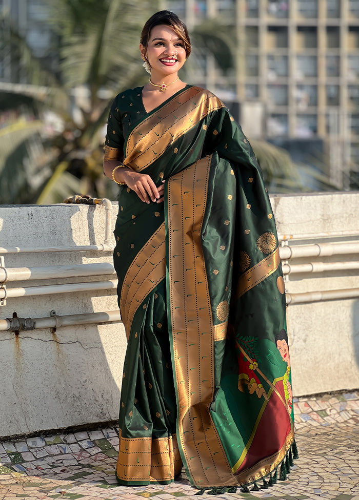 Bottle Green Spun Silk Saree With Blouse Piece