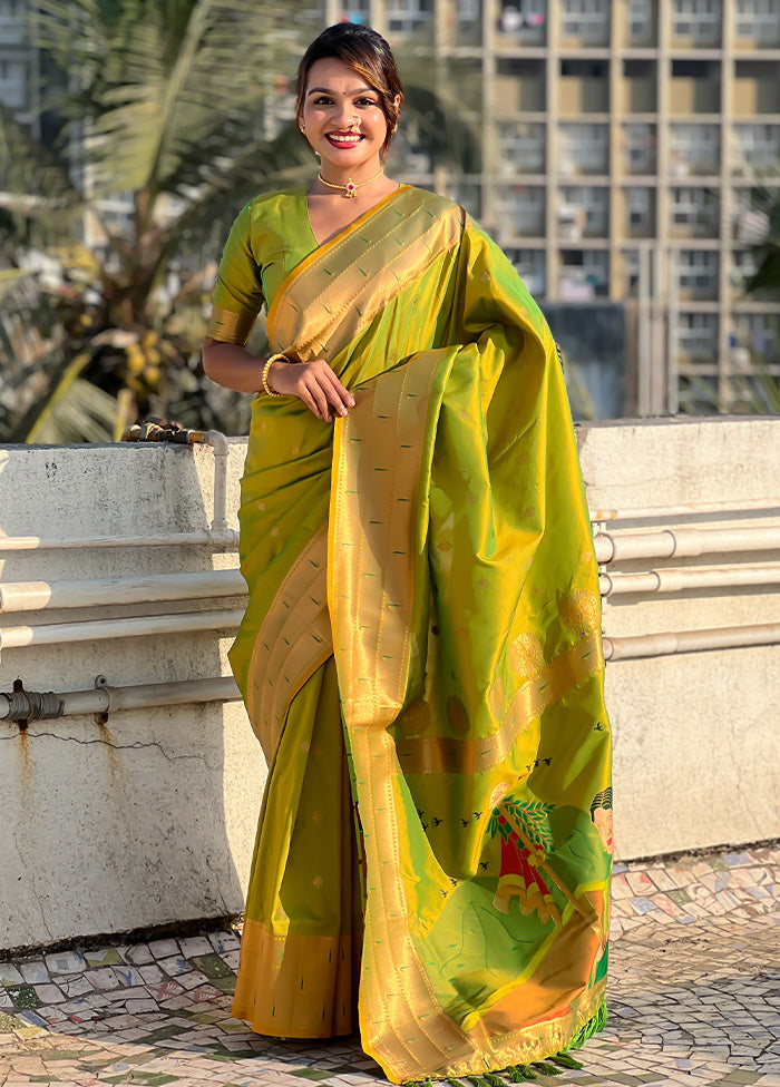 Parrot Green Spun Silk Saree With Blouse Piece