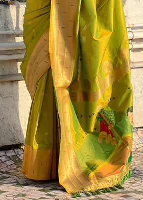 Parrot Green Spun Silk Saree With Blouse Piece