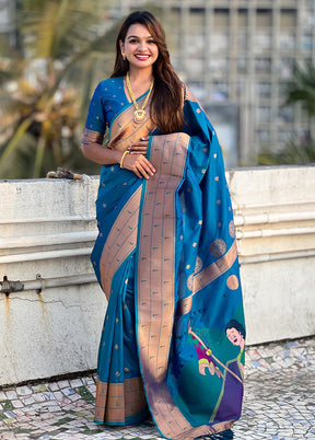 Blue Spun Silk Saree With Blouse Piece