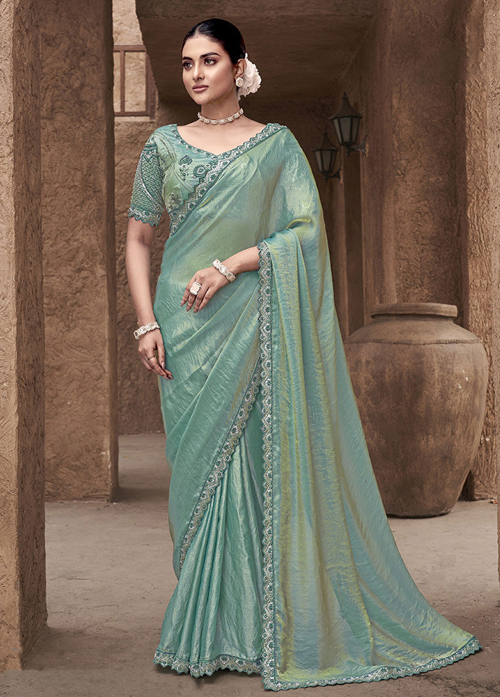 Sea Green Satin Silk Saree With Blouse Piece