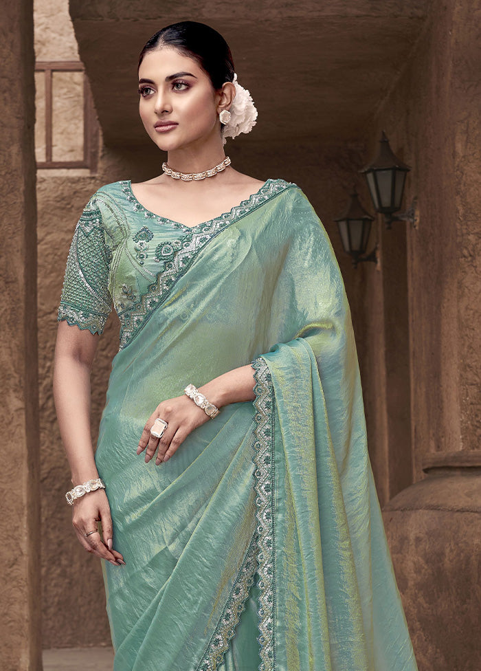 Sea Green Satin Silk Saree With Blouse Piece