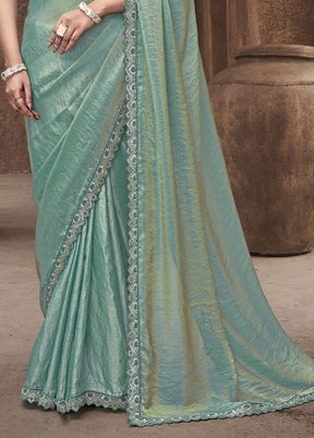 Sea Green Satin Silk Saree With Blouse Piece