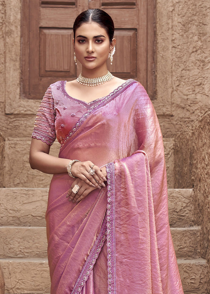 Pink Satin Silk Saree With Blouse Piece