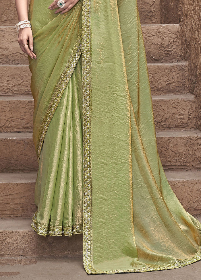 Green Satin Silk Saree With Blouse Piece