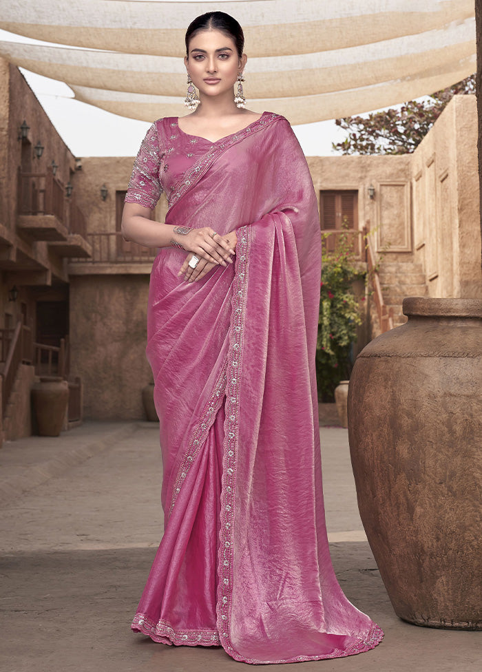 Pink Satin Silk Saree With Blouse Piece