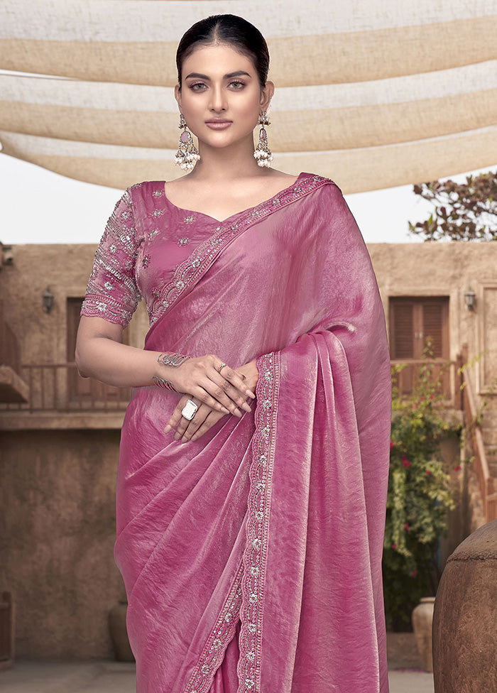 Pink Satin Silk Saree With Blouse Piece