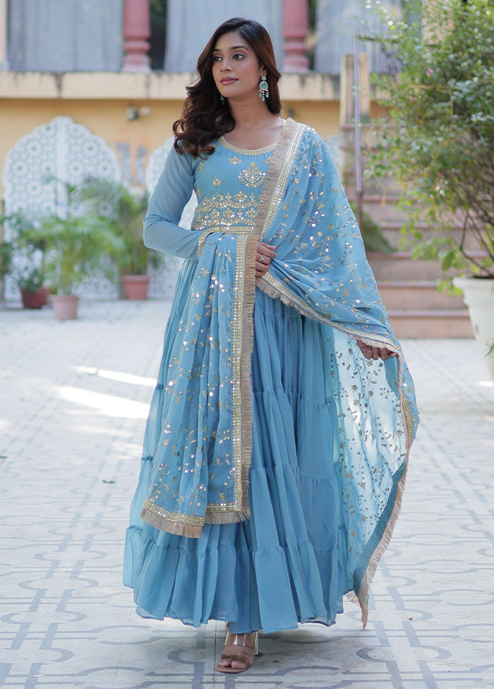 Sky Blue Readymade Georgette Dupatta Indian Dress
