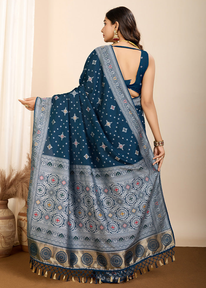 Teal Blue Spun Silk Saree With Blouse Piece