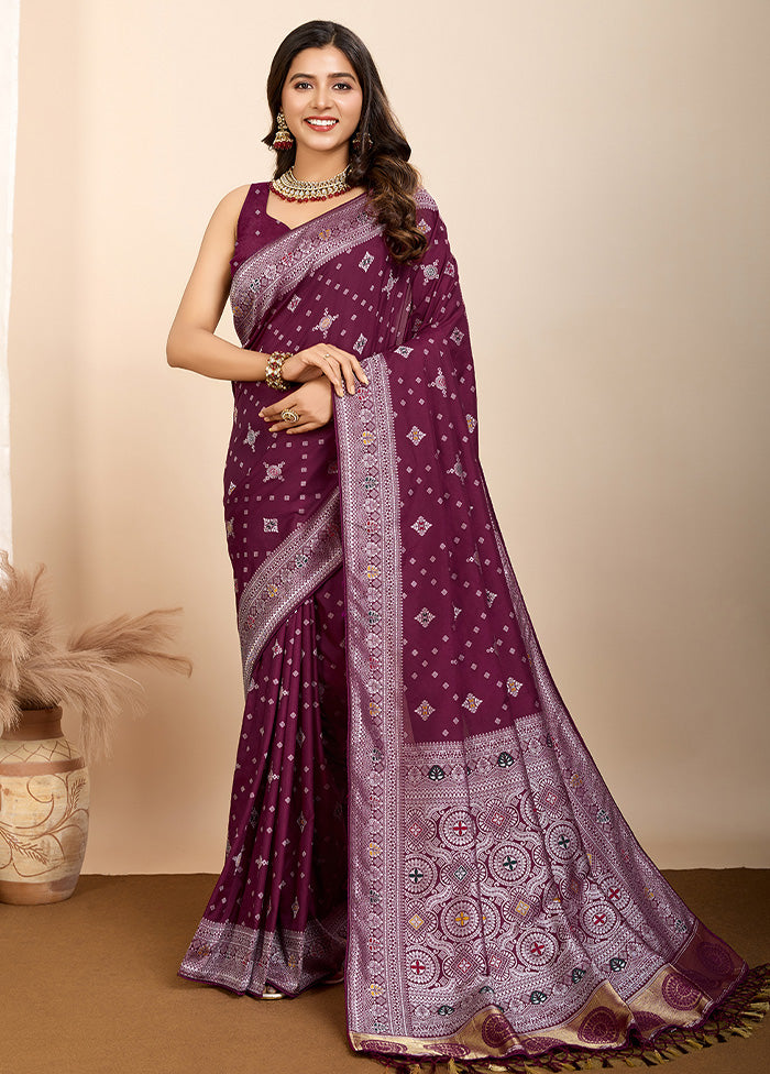 Wine Spun Silk Saree With Blouse Piece