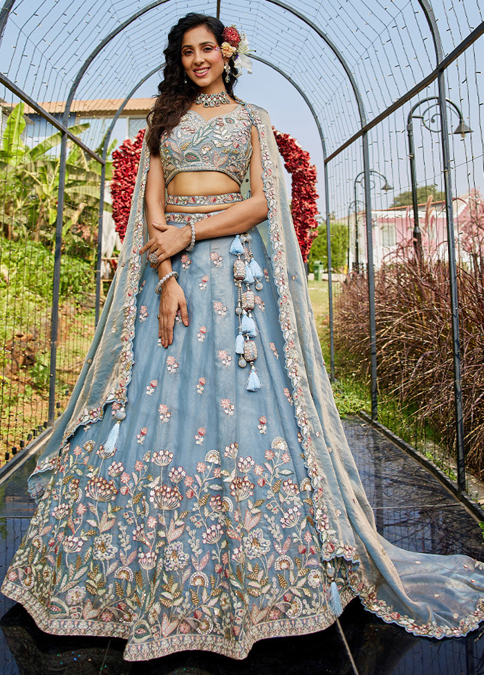 3 Pc Blue Net Semi Stitched Lehenga Set