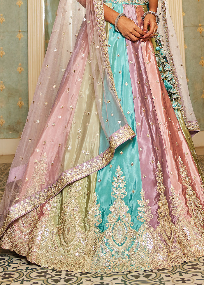 3 Pc Multicolor Silk Semi Stitched Lehenga Set