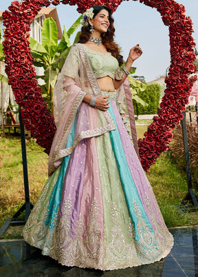 3 Pc Multicolor Silk Semi Stitched Lehenga Set